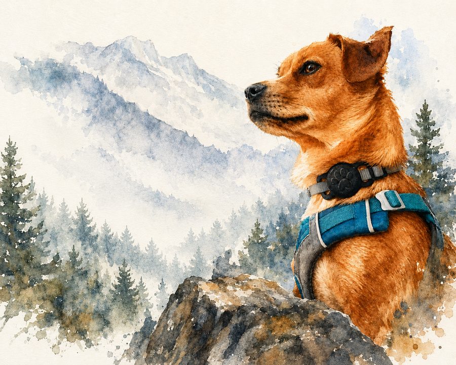 Rocky, the Rocky Rescue mascot — a rescue dog watching over a mountain valley